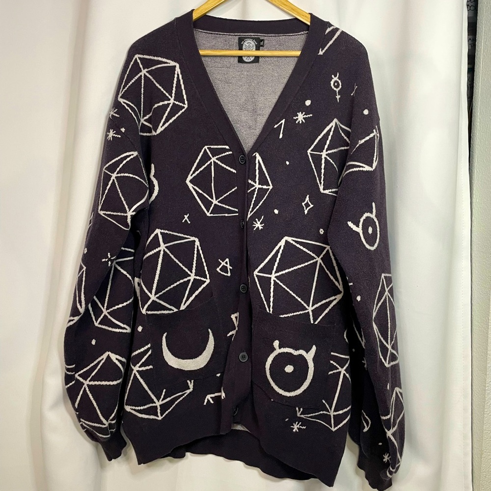 We Crowing Hens dark purple & white Dice & Runes Patterned Cardigan sz XL